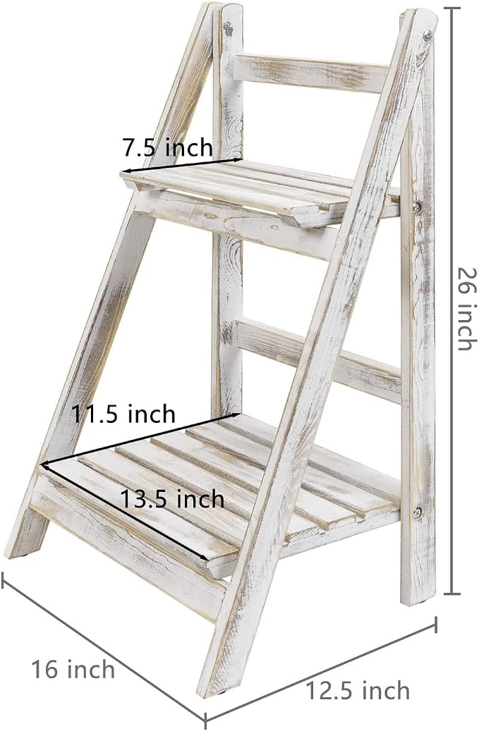 MyGift 2 Tier Rustic Whitewashed Solid Wood Freestanding Foldable Indoor Plant Stand, Decorative Wooden Display Shelf