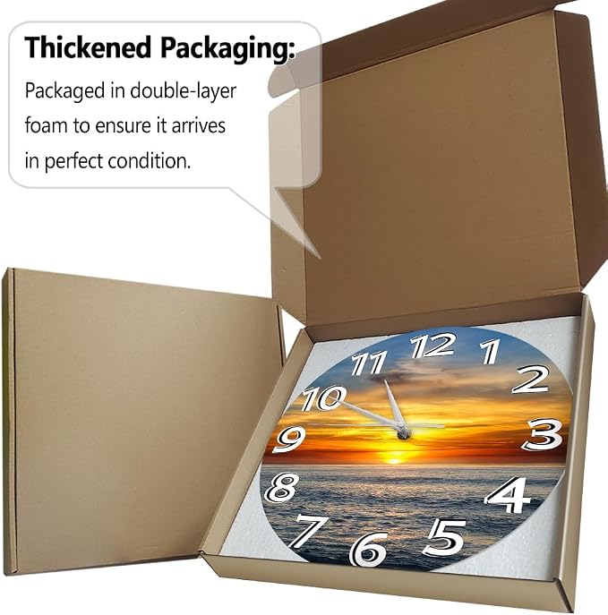 15 Inch Sunset Ocean Wall Clock, Beautiful Landscape Wall Art Clock Large Numbers Easy-to-Read Modern Decorative Silent Non Ticking Wall Watch Clock Battery Operated for Bedroom Living Room