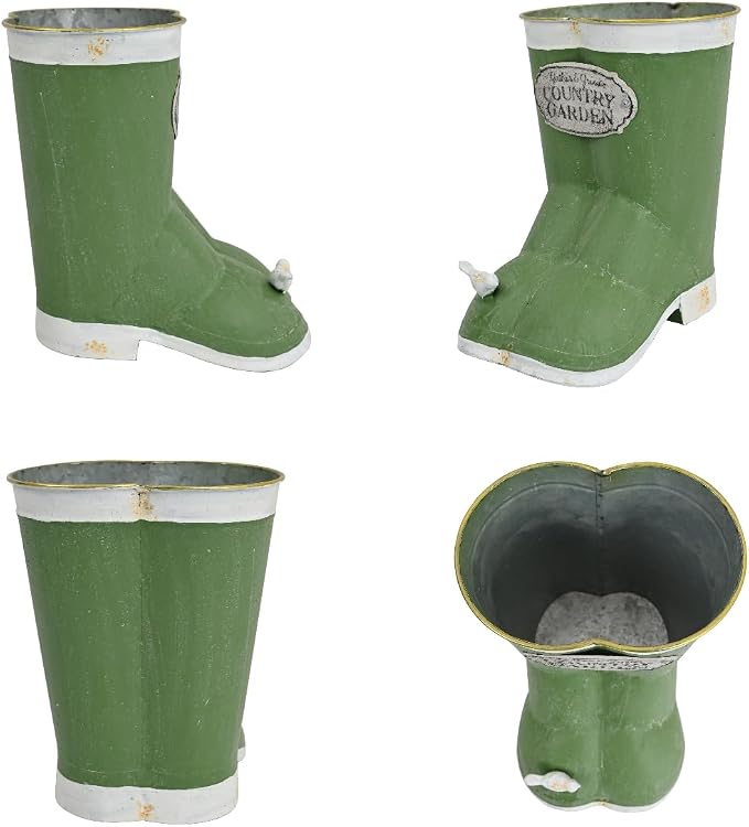 Vintage Green Rain Boot Planter, Country Garden Metal Boot Flower Pot, Rustic Farmhouse Decorative Planter for Indoor Outdoor Succulents, Herbs, Garden & Porch Decor