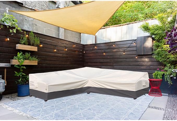 Outdoor Sectional Cover L-Shaped Patio Furniture Covers Waterproof Rip-Stop Anti-UV 600D Heavy Duty Outdoor Couch Sofa Cover with 3 Air Vents (V-Shaped-120''X120''),Beige & Charcoal