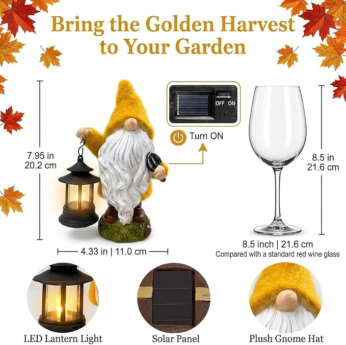 TERESA'S COLLECTIONS Fall Outdoor Decor, Fall Gnome Decor, Autumn Garden Gnomes Holding Lantern with Solar Lights,Waterproof Resin Outdoor Fall Decor, Fall Gifts Outdoor/Indoor,8"