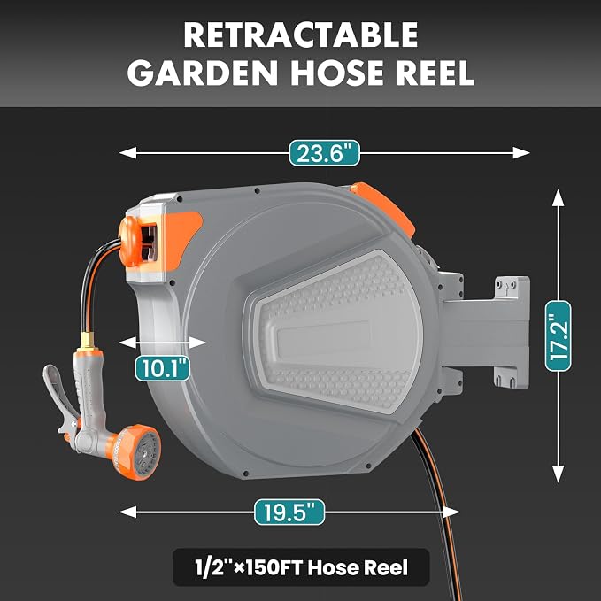 OLIXIS Automatic Retractable Garden Hose Reel, Heavy Duty Wall Mounted Water Reel with 1/2 in x 150 ft Hose, 9 Pattern Nozzle, Slow Rewind Any Length Lock, 180° Swivel for Garage Outside