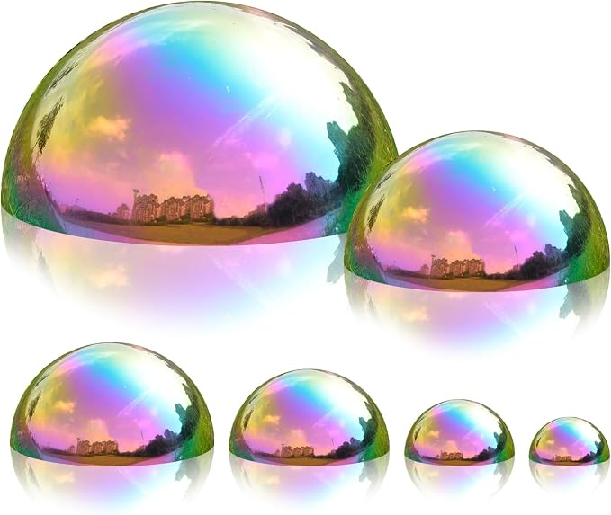 Gazing Ball Garden Mirror Outdoor - Outside Decorative Globe, Rainbow, 6Pcs | Metal Polished Reflective Hemisphere, Stainless Steel Hollow Decoration Ornament, for Home Pond Swimming Pool Housewarming