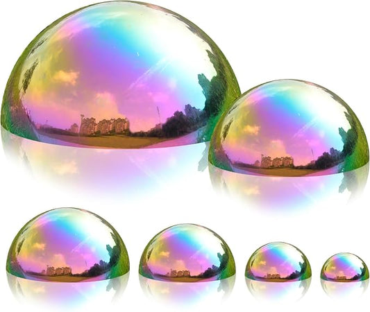 Gazing Ball Garden Mirror Outdoor - Outside Decorative Globe, Rainbow, 6Pcs | Metal Polished Reflective Hemisphere, Stainless Steel Hollow Decoration Ornament, for Home Pond Swimming Pool Housewarming