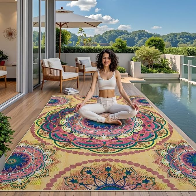 Arenarug Meditation Indoor Outdoor Rug 6x9 ft Mandala Pattern Rug Boho Style,Yoga Meditation Mat Picnic Rug for Patio Living Room Porch Garden Deck Backyard Easy to Clean Non Shedding Non-Slip