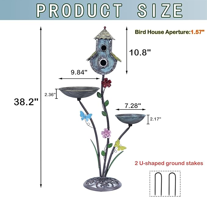 HLQMFHT 38" H Birdbaths for Outdoors,Metal Bird Feeder and Bird Houses for Outside,3-in-1,Garden Yard Decor
