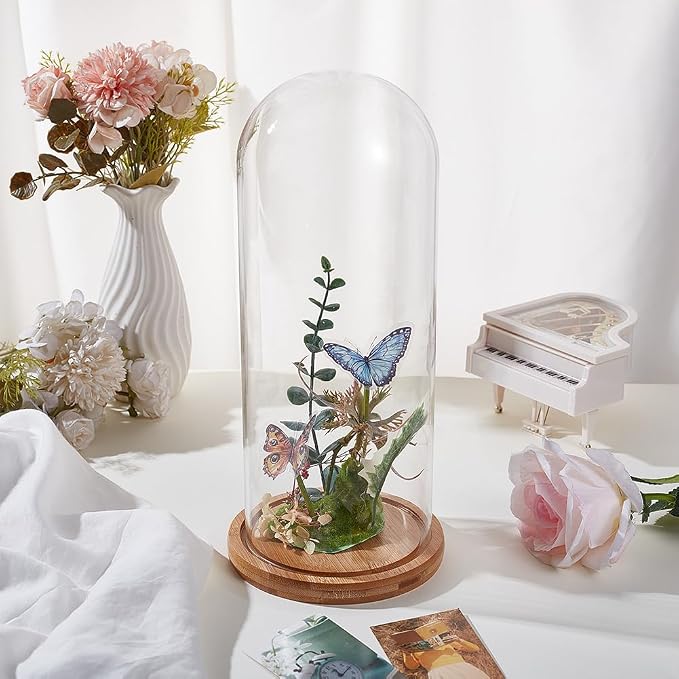 BENECREAT 4.6x12inch Eternal Transparent Flower Glass Cover, Glass Display Dome Cloche Jar with Sandy Brown Solid Wood Base for DIY Flower Craft