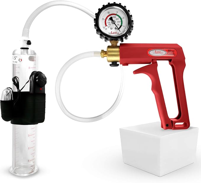 LeLuv Vibrating Penis Pump Maxi Red Handle + Protected Gauge and Clear Hose - 9 inch Length x 1.50 inch Diameter Cylinder