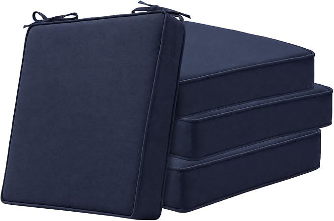 Sunbrella Square Corner Seat Cushions, 19" x 19" x 3", Set of 4, Indoor Outdoor Water Repellent Universal Chair Pads with Ties for Patio Furniture, Garden Deck Dining Chairs, Canvas Navy Blue