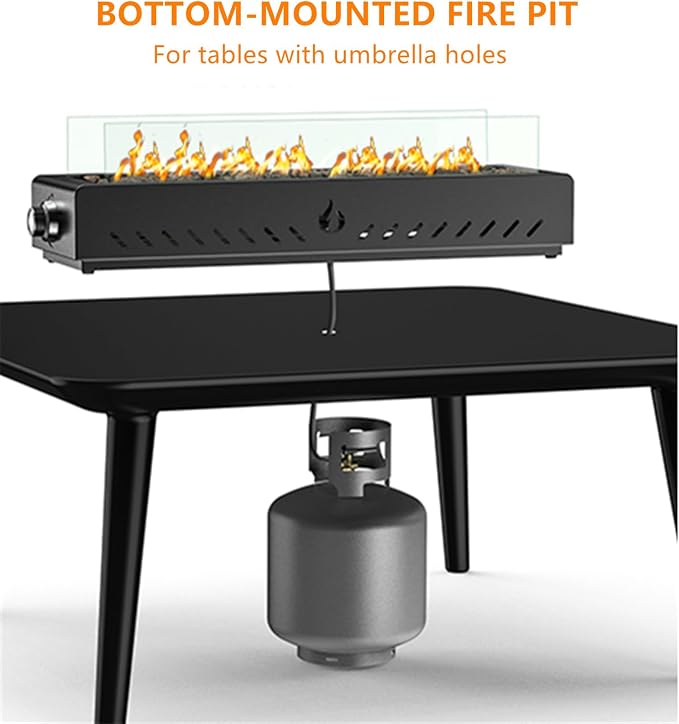 28" Tabletop Propane Gas Fire Pit Bottom-Mounted for Table with Umbrella Hole, Portable Smokeless Firepit with Glass Wind Guard for Outdoor Patio Backyard Porch Camping Tailgating RV, 40000BTU, FP044