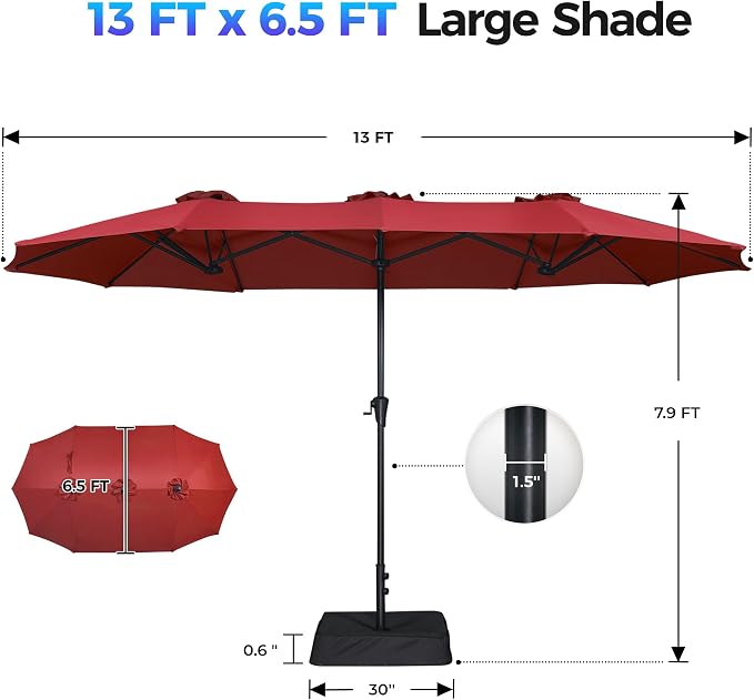 SUPERJARE 13FT Outdoor Patio Umbrella with Base Included, Double Sided Pool Umbrellas with Fade Resistant Canopy, Large Table Umbrella for Deck, Market, Backyard - Burgundy