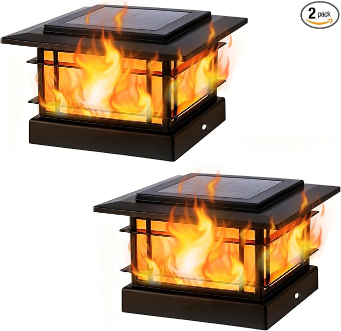 Dynaming 4x4 Solar Post Cap Lights Outdoor with Flickering Flame Light, 2 Pack Black Shell Fence Post Solar Lights Fit 4x4 Vinyl/Wooden Posts, Brightness LED Lighting Decor for Garden Deck Patio