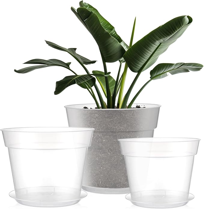 Baderke 3 Pack Clear Nursery Pot Plastic Nursery Pot Large Plant with Drainage Holes for Root Health Indoor Outdoor (9.25 Inches,9.65 Inches,11.65 Inch)