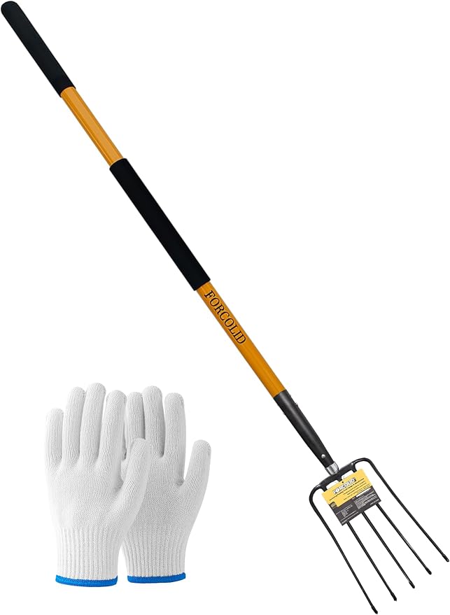 Pitch Fork for Gardening, 5 Tine Pitchfork Heavy Duty with Fiberglass Handle, 58 Inches(Orange)