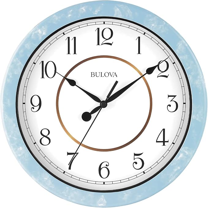 Bulova Skylark Wall Clock C4884 | 10.25" Sky-Blue Resin Case with Cloud Pattern | Silent Sweep Quartz Movement | Battery Operated | Outdoor Waterproof Wall Décor