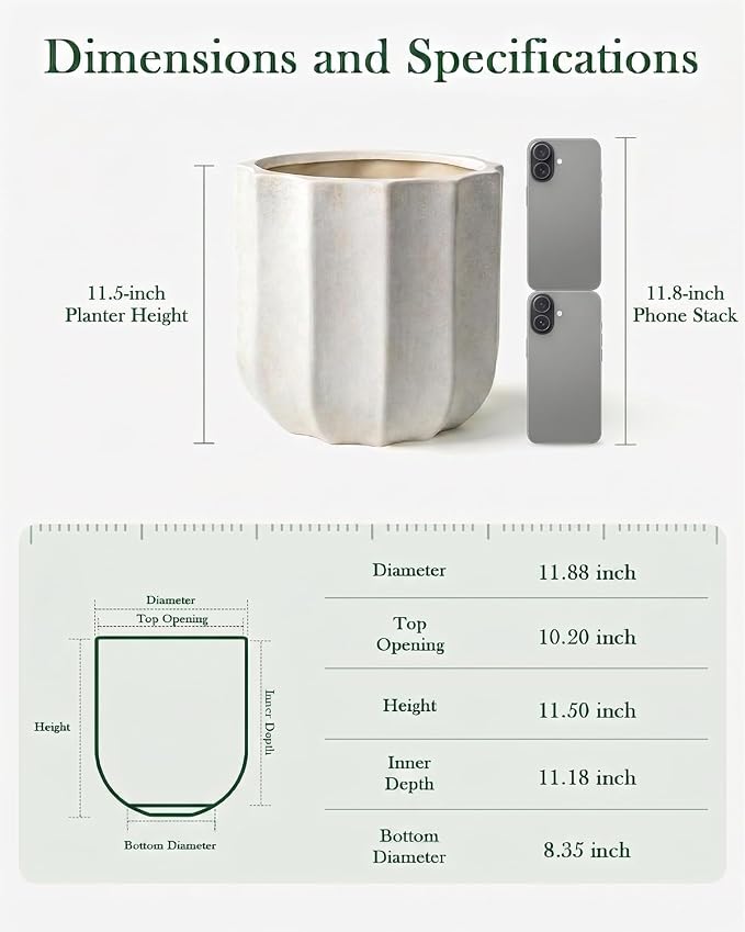 12 Inch Plant Pot – Ceramic Planter with Drainage Hole & Removable Drain Plug, Decorative Flower Pot for Indoor Outdoor Plants, Modern Round Large Planter, Cream White