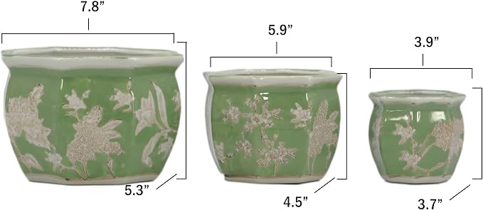 Galt International Green & White Floral Porcelain Ceramic Decorative Flower Pot 8"/6"/4.5" Garden Pots Chinese Asian Design - Set of 3 Green Fluted