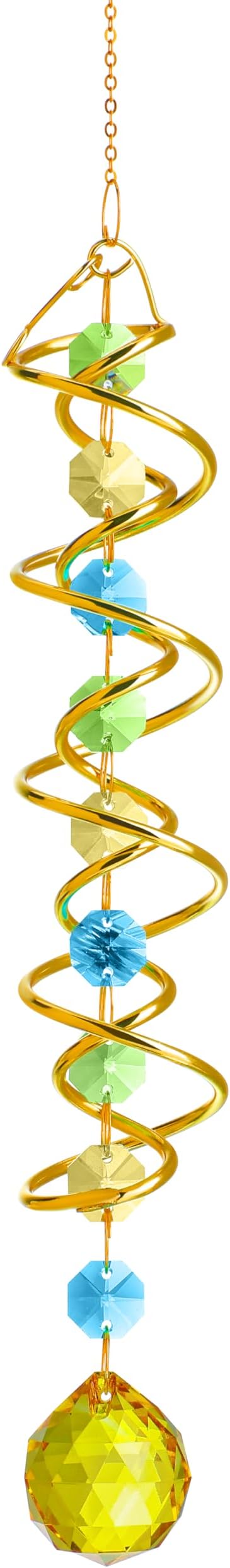 20.5in Yellow Crystal Gazing Ball Spiral Wind Spinner Suncatcher Decor | Yellow Crystal Ball Gazing Spiral Wind Spinner Rainbow Maker Sun Catcher Hanging for Outdoor Garden Patio Indoor Decor