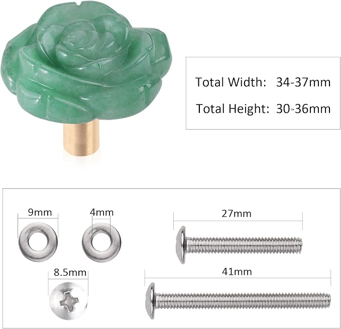 mookaitedecor Set of 4 Natural Green Aventurine Crystal Cabinet Knobs with Screws, Decorative Floral Stone Drawer Pulls for Dresser Door Kitchen