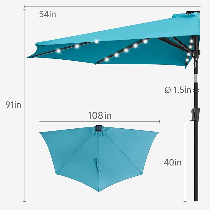 9FT Solar Half Umbrellas Outdoor - LED Half Patio Umbrella with 25 Lights, UV Protection Waterproof, Half Round Umbrella for Wall Balcony, Pool, Porch, Garden, Deck, Backyard, Aqua Blue