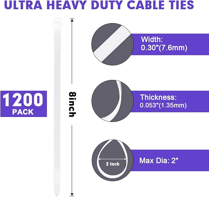 Zip Ties, RAZCC 1200pcs White Cable Zip Ties 8 Inch, Heavy Duty Plastic Wire Ties with 100lb Tensile Strength, Self-Locking White Nylon Tie Wraps for Indoor and Outdoor