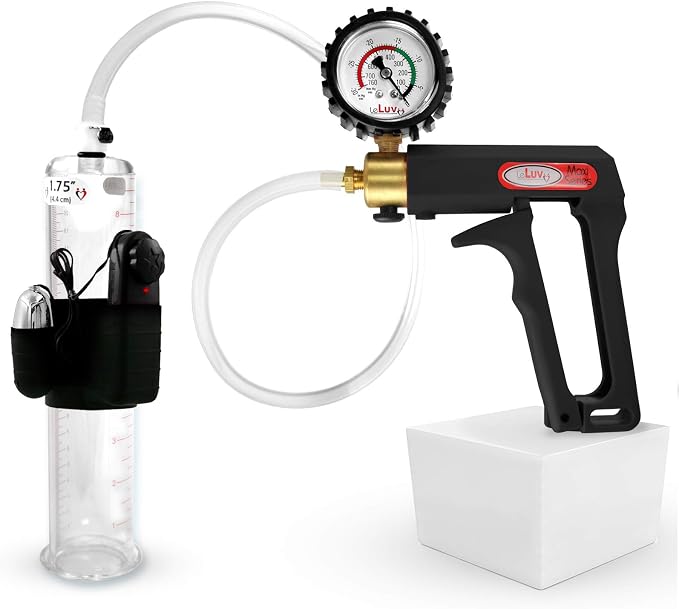 LeLuv Vibrating Penis Pump Maxi Black Handle + Protected Gauge and Clear Hose - 9 inch Length x 1.75 inch Diameter Cylinder