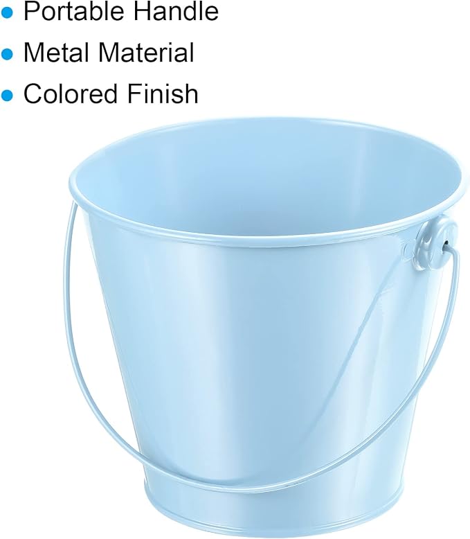 PATIKIL 4.7 Inch Colored Metal Buckets, 4 Pack Pencil Holder Buckets Round Metal Planter Pails Container with Handles for Classroom Crafts, Light Blue