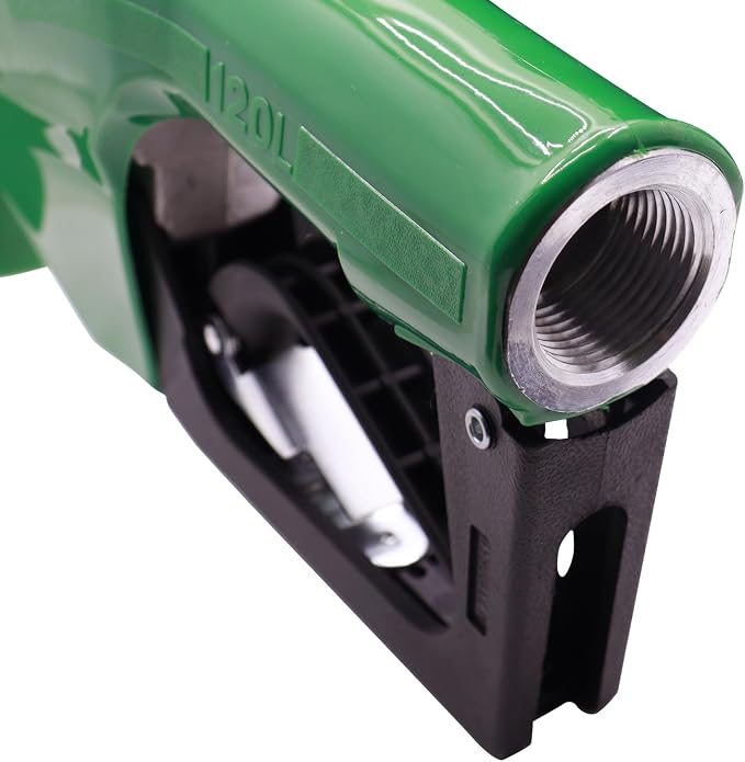 1" Inch NPT Fuel Nozzle Automatic Shut-Off Green Gas Pump Heavy Duty Nozzle with Fuel Hose Swivel & Splash Guard 19/16 Inches Spout (OD=30mm) Three Notch Hold Open Clip Used For Diesel Petrol