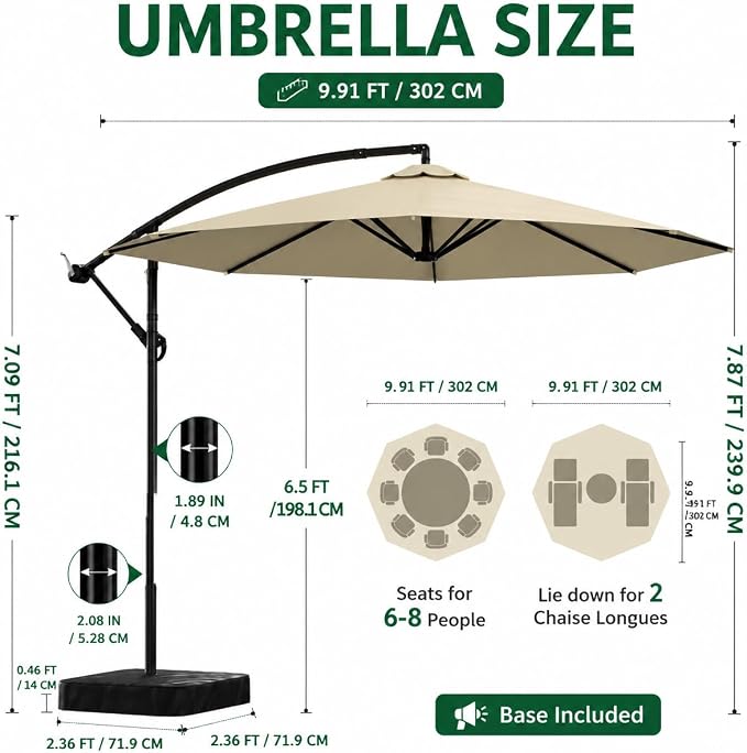 10FT Patio Umbrella with Base, Outdoor Umbrella Pool Umbrella Cantilever Umbrells - UV Protection, Easy Tilt & 360° Rotation for Poolside, Backyard & Garden