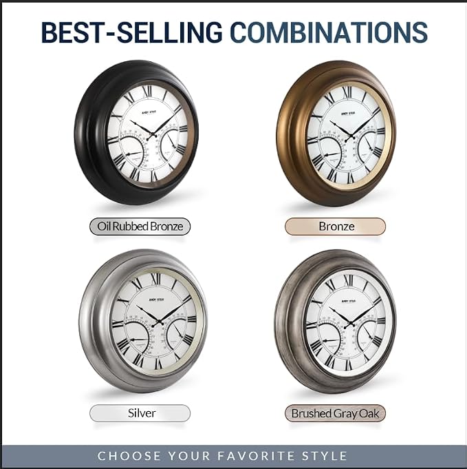 ANDY STAR 24 Inch Outdoor Clocks Waterproof,Large Outdoor Wall Clocks for Garden Patio Pool, Weatherproof Illuminated Metal Clock Battery Operated with Thermometer&Hygrometer, Silver Non Ticking