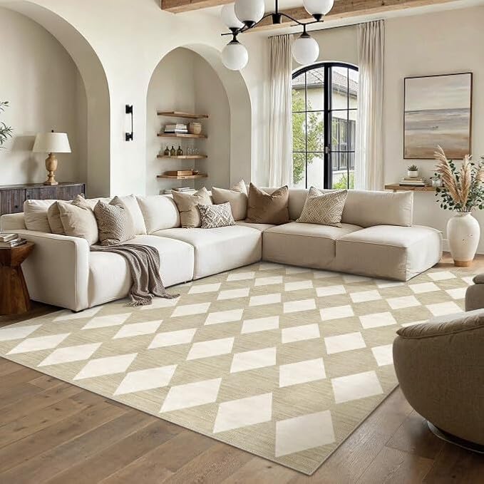 10x12 Washable Area Rug Living Room Beige Non Slip Checkered | Soft, Low Pile, Easy Clean, Diamond Pattern for Bedroom, Office, Nursery, Dining Room, Kids Room, Modern Neutral Decor