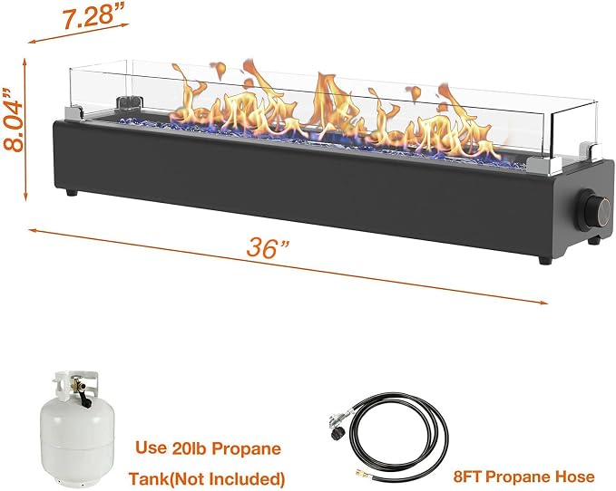36-inch Table Top Propane Fire Pit, 40,000 BTU Tabletop Firepit for Patio, Outdoor Portable Rectangular Fire Bowl w/Wind Glass Shield, Glass Rocks - Black