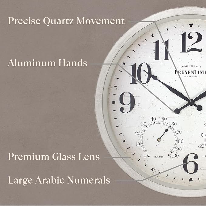 Presentime & Co 16" Farmhouse Series in/Outdoor Clock with Thermometer & Hygrometer, Weathered White Color. Weather Thermometer, Weather Station, Farmhouse Décor, Outdoor Décor, Wall Décor.