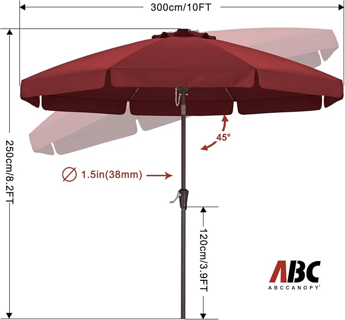 ABCCANOPY 10ft Scalloped Patio Umbrella, Outdoor Table Umbrella with Tilt and Crank, Fiberglass Ribs Deck Umbrella for Patio, Pool, Garden, Picnic (Burgundy)