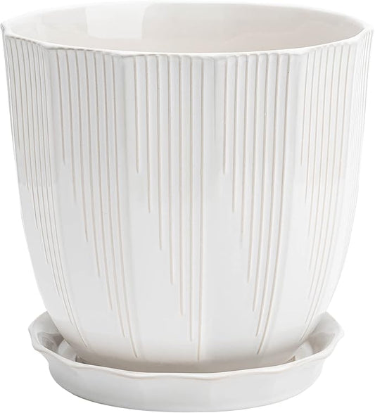 ADN 10 Inch Ceramic Planter Pot with Drainage Hole and Saucer,Large Round Plant pots for Indoor Outdoor Plants,Modern Flower pots, White