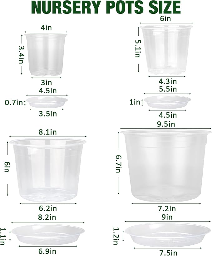 10/8/6/4 Inch Clear Nursery Pots with Drainage Holes and Saucers, 12 Pack Large Clear Pots for Plants Variety Pack, Plastic Nursery Pots for Succulents, Seedings, Herbs, Flowers, Vegetables