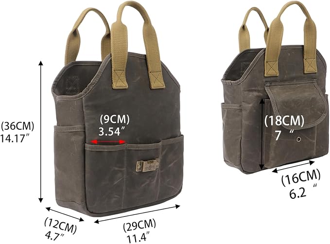 Waxed Canvas Garden Tool Bag Heavy Duty Yard Storage Florist Tote Organizer | Multipurpose, Waterproof Work Caddy Carrier, 5 Interior and 6 Exterior Pockets , Tools Storage for Gardener DIYer Workshop