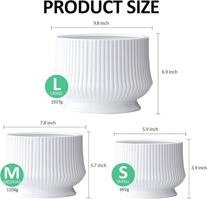 OXART Ceramic Plant Pots Indoor Pot Set with Drainage Holes, 10+8+6 inch Ceramic Planters Pots for Plants, Home Garden Large Flower Pot for Plants Herbs Cactus Orchid, White