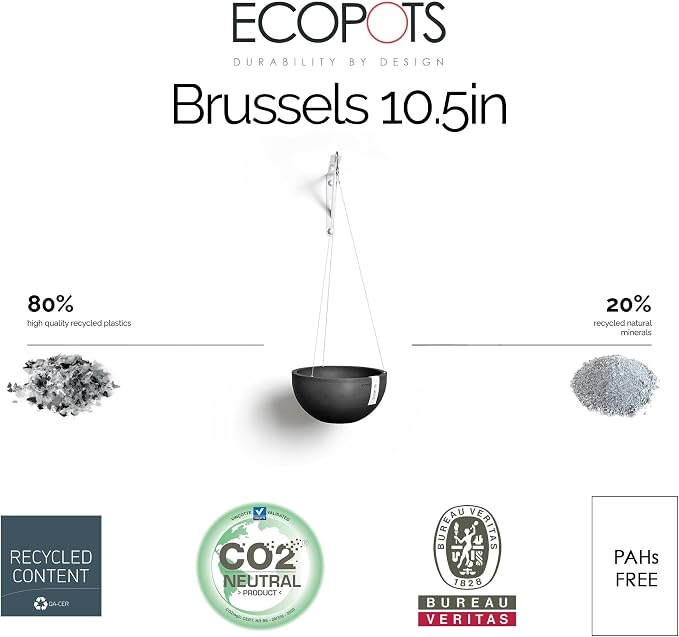Ecopots Hanging Brussels Durable Modern Round Indoor/Outdoor Recycled-Based Composite Flower Pot Planter, Pure White, 10.5"