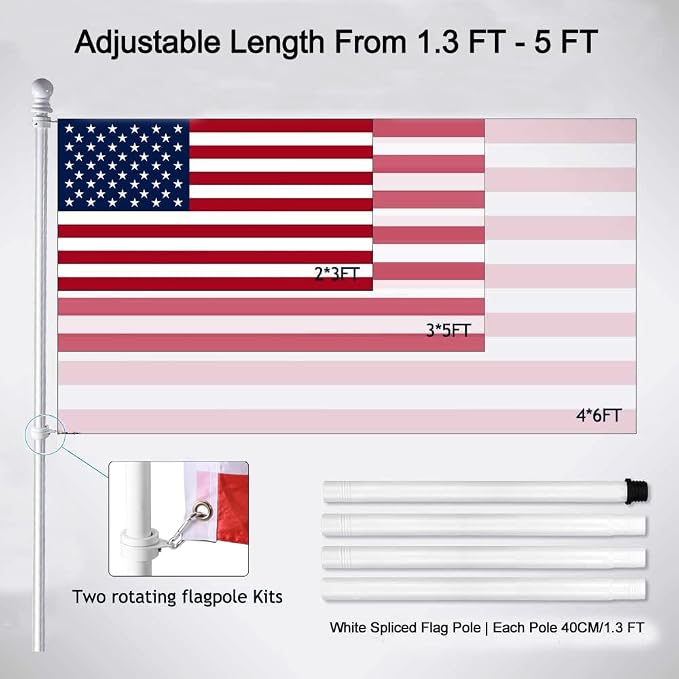 BONWIN White Flag Pole Kit for House, 5 FT Thickened Stainless Steel Outside Wall Mount Flagpole for 3x5' American Flag with 1" Tangle Free 360° Rotating Flag Pole Rings Hardware for Porch Residential