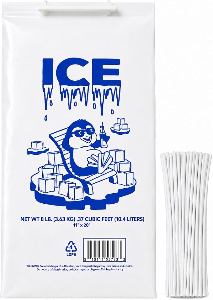 Ice Bag 8 lb 11" x 20" 500 Count | Twist Ties Included | Heavy Duty Storage Bags | Retail Sales, Parties, Camping & Food Cooling | LDPE Plastic Bags | Bits N Things