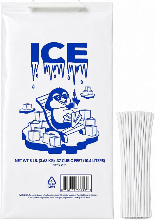 Ice Bag 8 lb 11" x 20" 500 Count | Twist Ties Included | Heavy Duty Storage Bags | Retail Sales, Parties, Camping & Food Cooling | LDPE Plastic Bags | Bits N Things