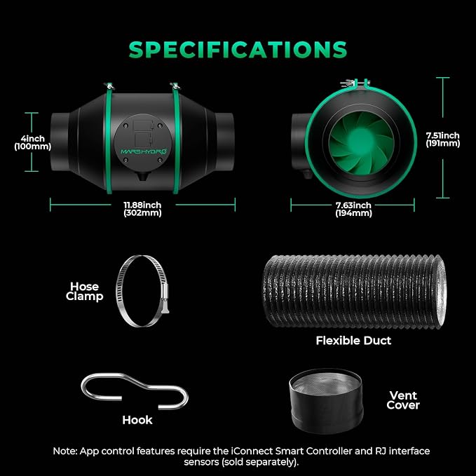 MARS HYDRO iFresh 4" Grow Tent Exhaust Fan kit with RJ12 Speed Controller | Air Filtration,Ventilation System with Quiet Inline Fan,Carbon Filter,13ft Ducting for Grow Room Cooling and Odor Control