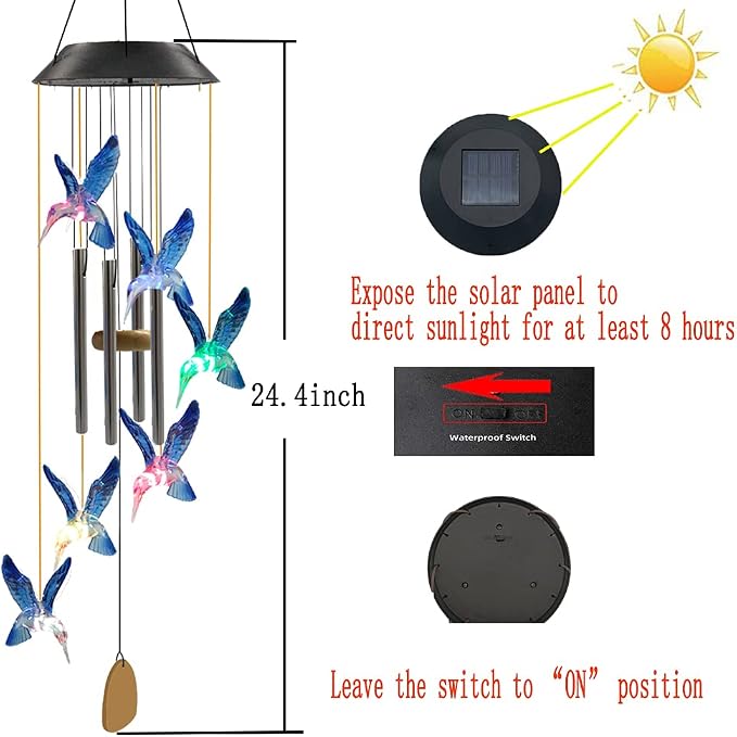 Birthday Gifts for Women Mom Grandma, Purtuemy Hummingbird Wind Chimes with 4 Aluminum Tube Solar Wind Chimes for Outside Solar Lights Outdoor Garden Patio Yard Decor