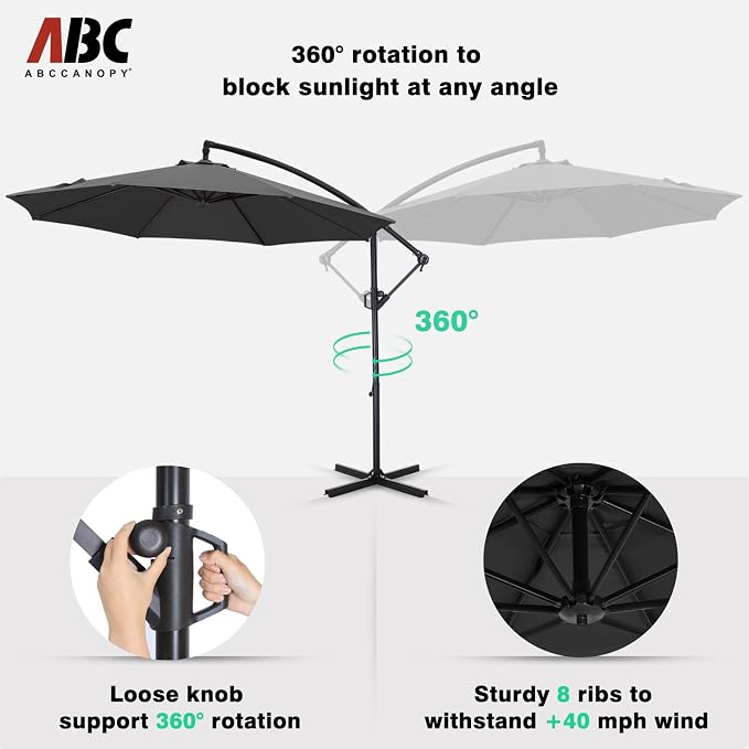 ABCCANOPY 10FT Cantilever Patio Umbrella with base included, 360° Rotation Outdoor Offset Umbrella for Backyard, Deck, Poolside (Dark Gray)