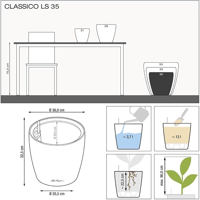 Lechuza Classico LS 35 Shiny Taupe High Gloss, Self-Watering Round Planter, D13.8 H13 in