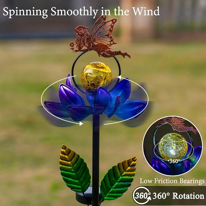 Solar Wind Spinners Outdoor, Fairy Solar Wind Spinner with Cracked Ball Lights,Garden Spinners for Yard, Garden, Patio, Lawn Decor