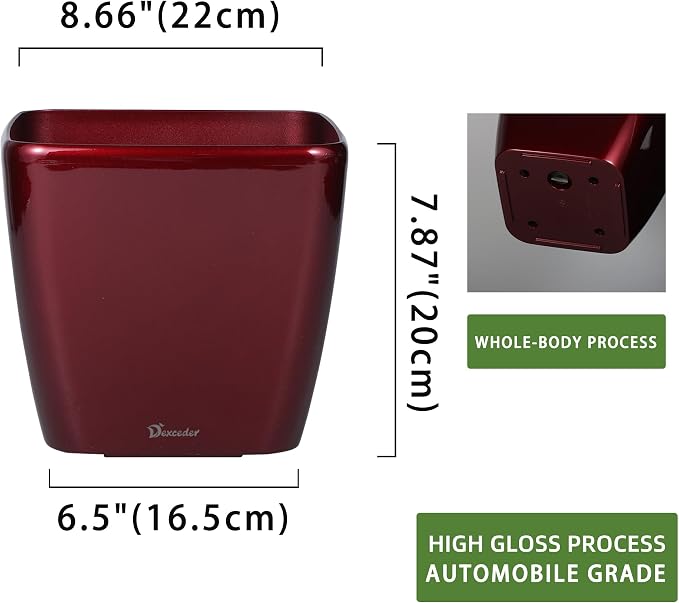 Dexceder 9x8 Self Watering Planter (Red High Gloss) | Inner Mat Design, Thickened Table Flower Plant Pot with Water Level Indicator Indoor Outdoor