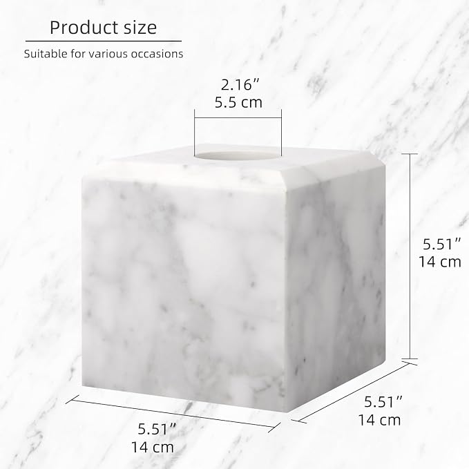 Natural Marble Square Tissue Box Cover ,Stone Modern Decorative Sturdy Napkin Box Holder Case,Facial Paper Organizer for Bathroom Vanity Toilet Countertop,Kitchen (1, Carrara White, 5.71*5.71*5.51)
