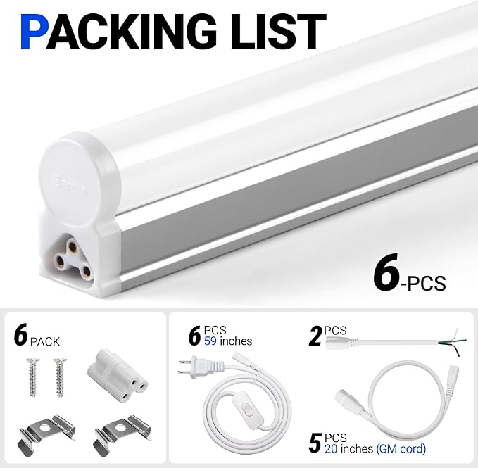 Barrina (6 Pack LED T5 Integrated Single Fixture, 4FT, 2200lm, 6500K Super Bright White, 20W Utility LED Shop Light, Ceiling and Under Cabinet Light, Corded Electric with ON/Off Switch, ETL Listed